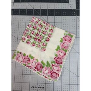 Vintage Pink Red Rose Floral Handkerchief White Cotton Scalloped Pocket Square